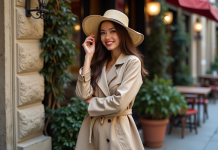 Chapeau trop grand : conseils pour bien le porter et éviter les erreurs ! Jeune femme ajustant son chapeau dans une rue parisienne