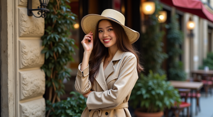Jeune femme ajustant son chapeau dans une rue parisienne