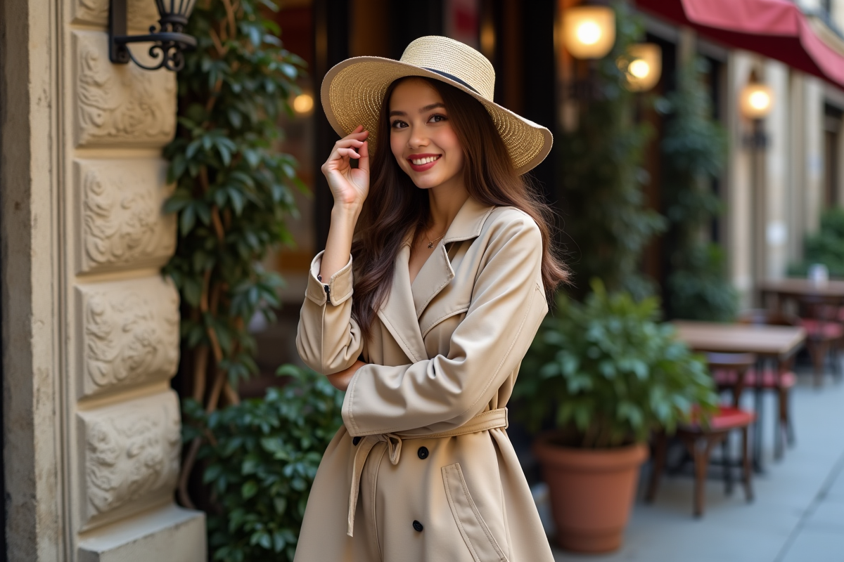 Jeune femme ajustant son chapeau dans une rue parisienne