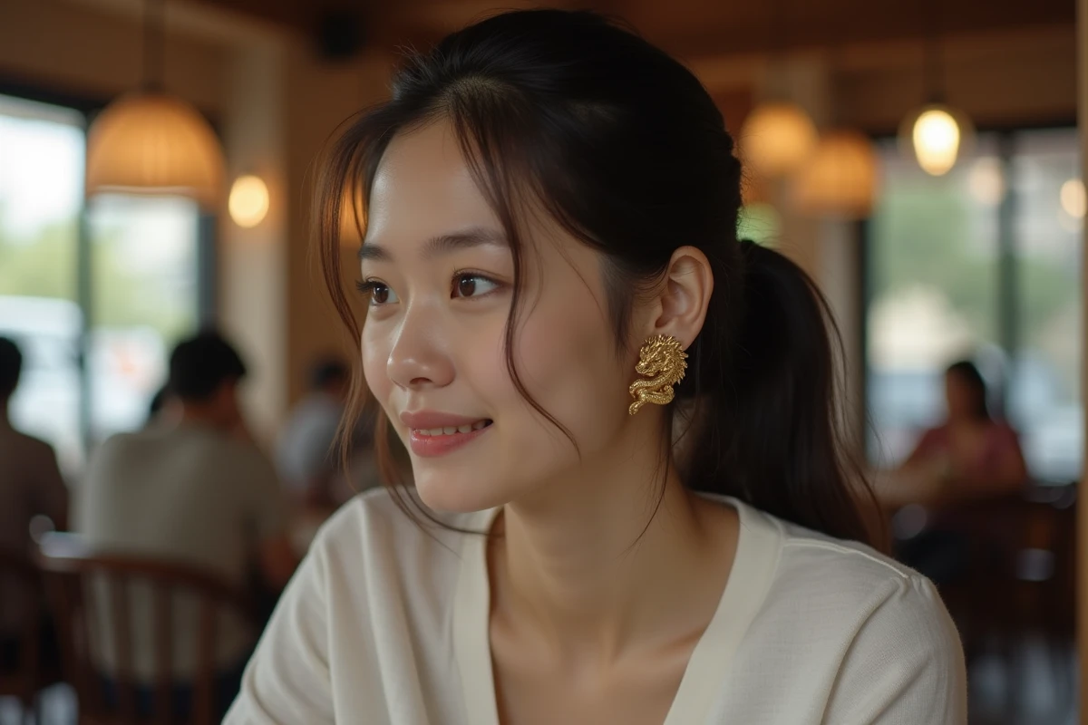 Jeune femme portant une boucle d'oreille Dragon Ball en or dans un café urbain moderne