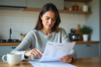 Femme consultant un relevé bancaire avec une mention inconnue, cherchant à comprendre une transaction non identifiée