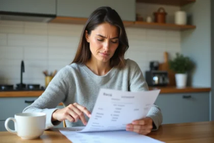 Femme consultant un relevé bancaire avec une mention inconnue, cherchant à comprendre une transaction non identifiée