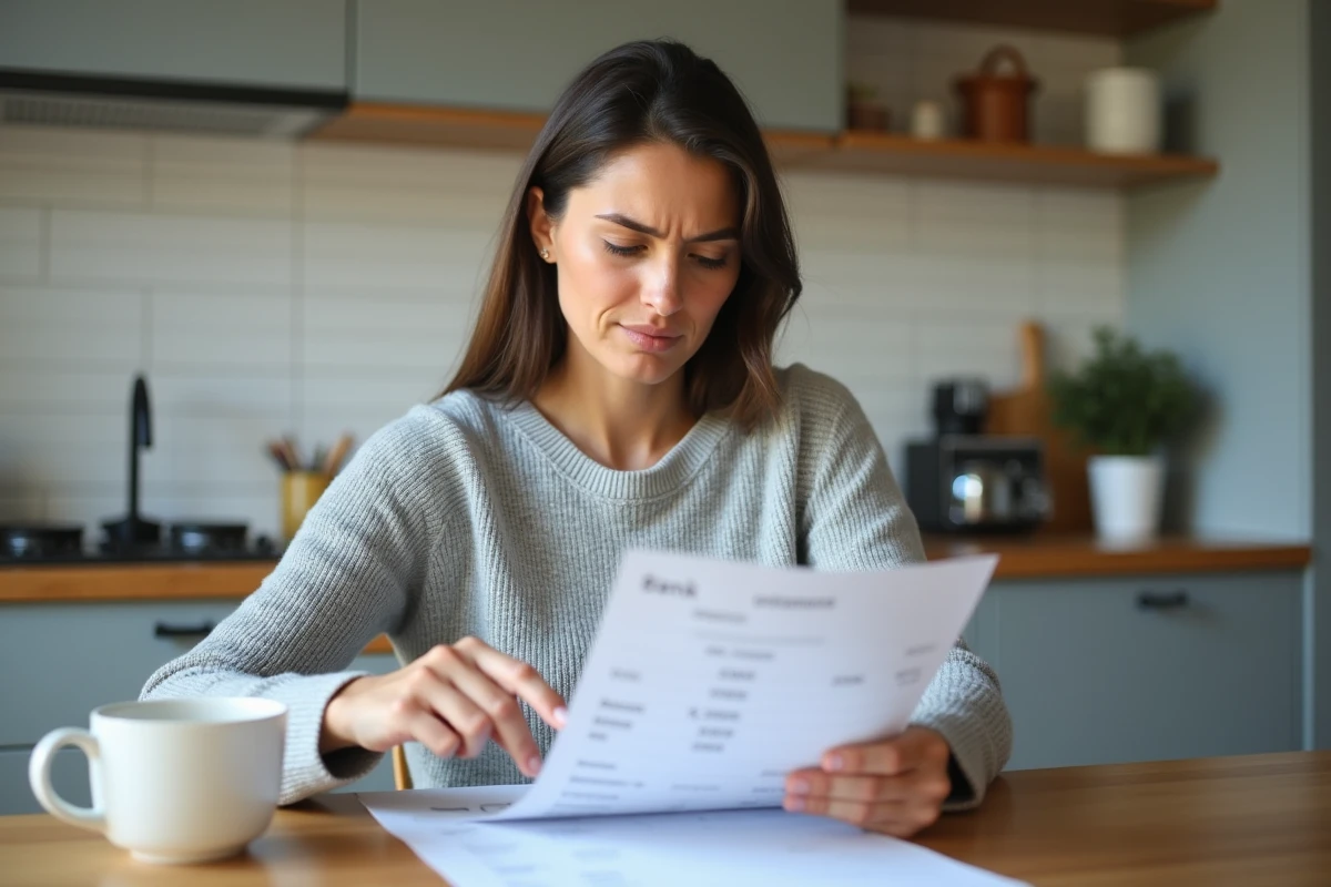 Femme consultant un relevé bancaire avec une mention inconnue, cherchant à comprendre une transaction non identifiée