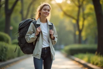 Maman active portant un sac à dos bien organisé dans un parc urbain, tenue décontractée et look pratique du quotidien