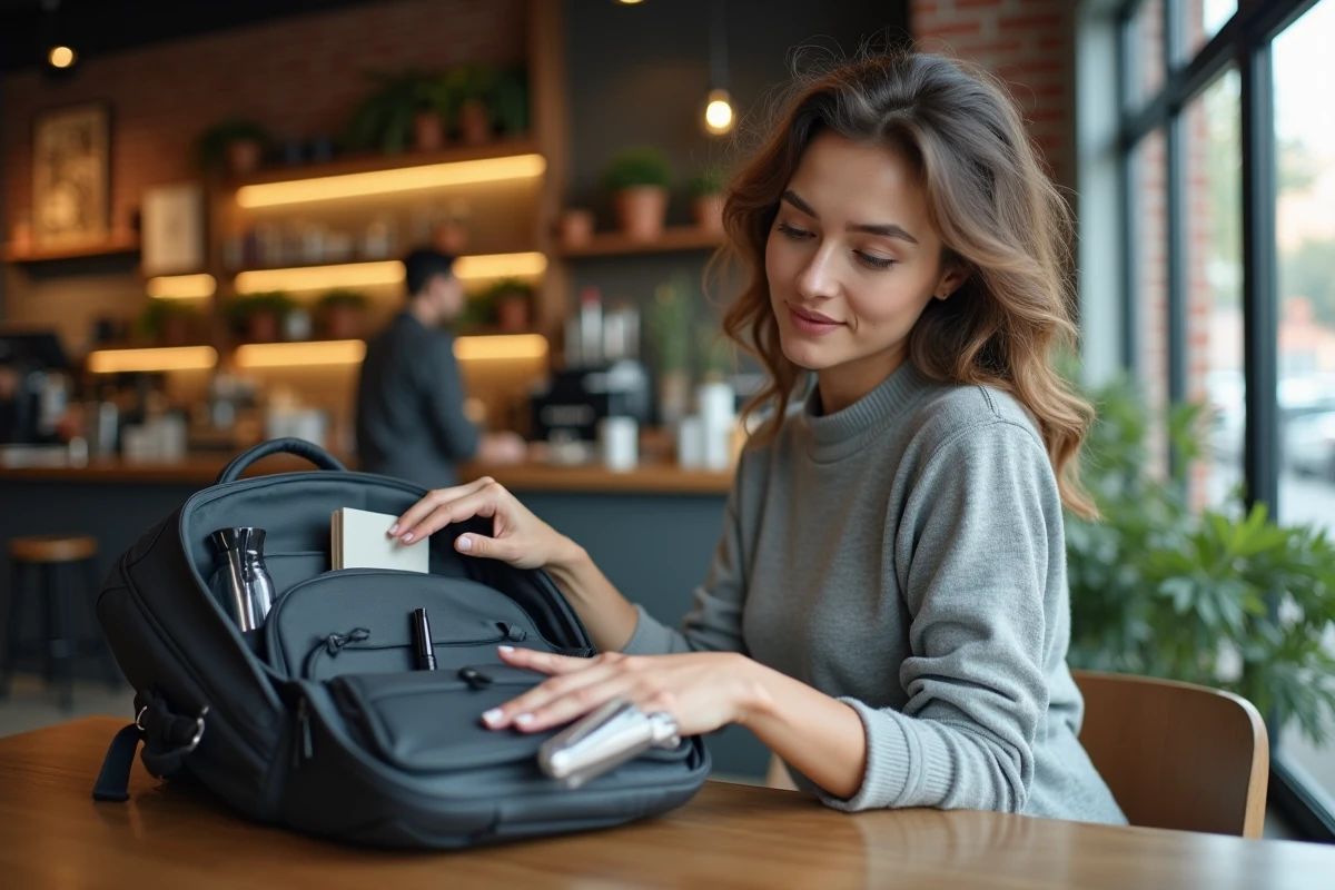Maman organisée ouvrant son sac à dos multicompartiments dans un café moderne, révélant le rangement intérieur pratique