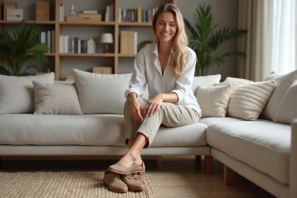 Femme française assise choisissant des chaussures confortables