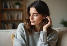 Femme en pull gris contemplant ses cheveux naturels
