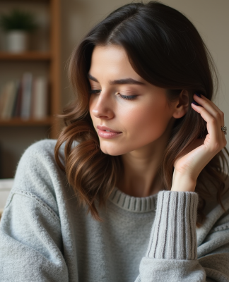 Femme en pull gris contemplant ses cheveux naturels