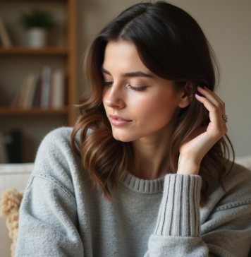 Conseils pour sublimer vos cheveux : que faire si je n’aime pas mes cheveux ? Femme en pull gris contemplant ses cheveux naturels