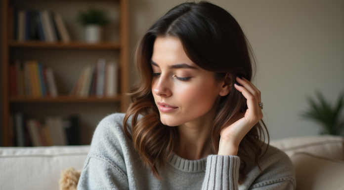 Femme en pull gris contemplant ses cheveux naturels