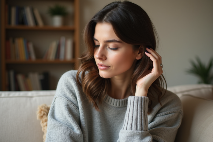 Femme en pull gris contemplant ses cheveux naturels
