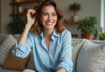 Femme élégante de 50 ans souriante dans un salon chaleureux
