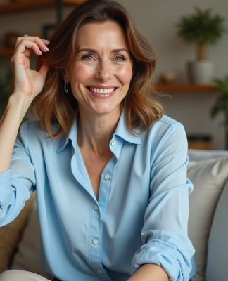 Femme élégante de 50 ans souriante dans un salon chaleureux