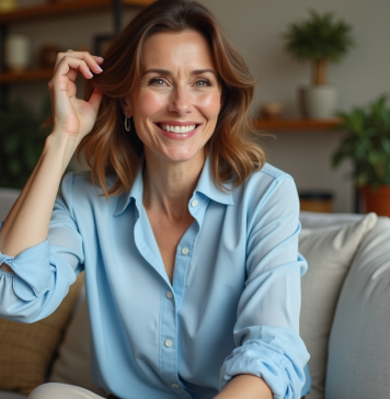 Longueur de cheveux à 50 ans : astuces pour un look rajeuni ! Femme élégante de 50 ans souriante dans un salon chaleureux