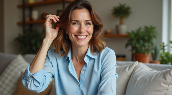 Femme élégante de 50 ans souriante dans un salon chaleureux