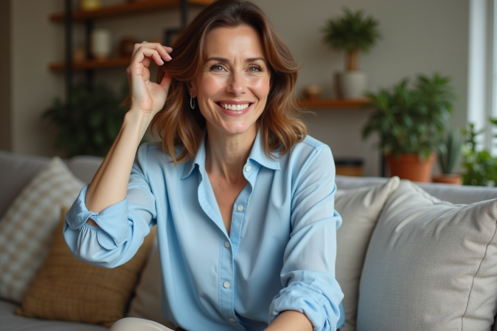 Femme élégante de 50 ans souriante dans un salon chaleureux