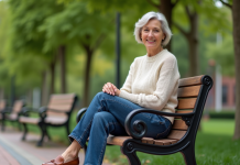 Jean pour femme 60 ans : conseils et idées looks tendance Femme élégante de 60 ans assise sur un banc dans un parc