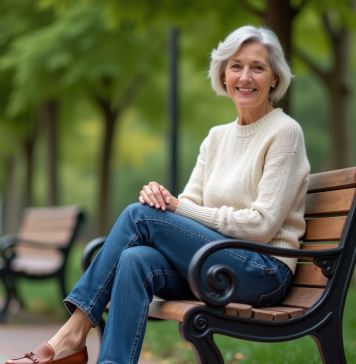 Jean pour femme 60 ans : conseils et idées looks tendance Femme élégante de 60 ans assise sur un banc dans un parc