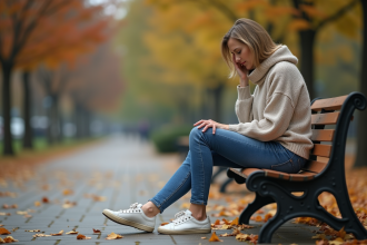 Femme assise sur un banc dans un parc automnal regardant ses chaussures usées