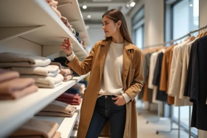 Femme en train de choisir un pull Kiabi dans un magasin moderne, tenue casual au quotidien