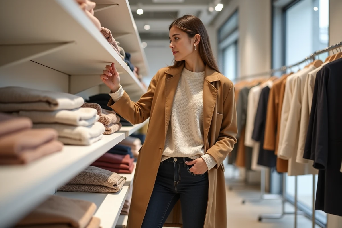 Femme en train de choisir un pull Kiabi dans un magasin moderne, tenue casual au quotidien