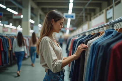 Jeune femme parcourant des vêtements en promotion lors d'une vente privée The Bradery dans un grand espace entrepôt