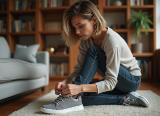 Sarenza : quelle est la qualité des produits vendus ? Femme stylée examine des sneakers dans un salon cosy