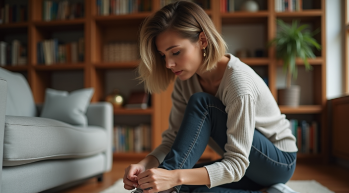 Femme stylée examine des sneakers dans un salon cosy