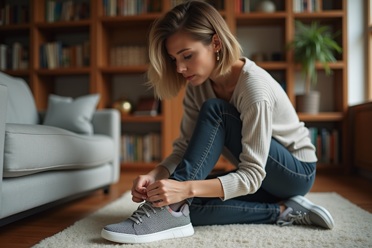 Femme stylée examine des sneakers dans un salon cosy