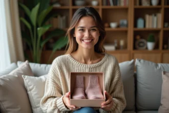 Femme souriante avec cadeau de chaussettes françaises
