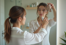 Traces de sueur : astuces efficaces pour s’en débarrasser rapidement ! Jeune femme en blouse blanche se vaporisant du déodorant