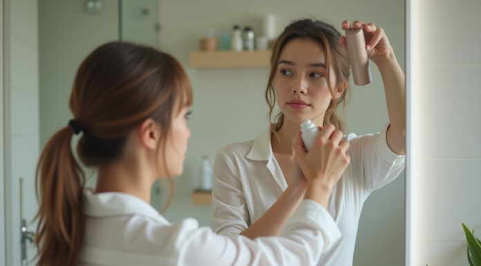 Jeune femme en blouse blanche se vaporisant du déodorant