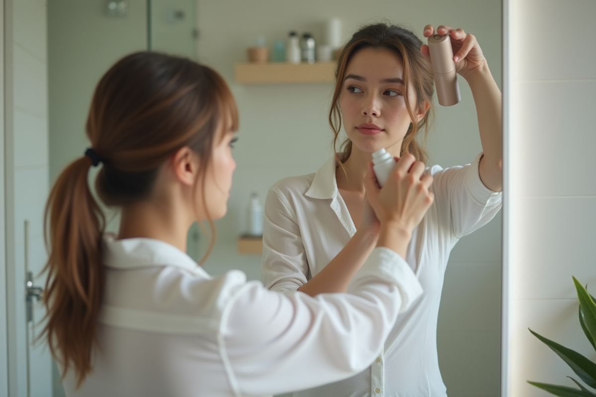 Jeune femme en blouse blanche se vaporisant du déodorant
