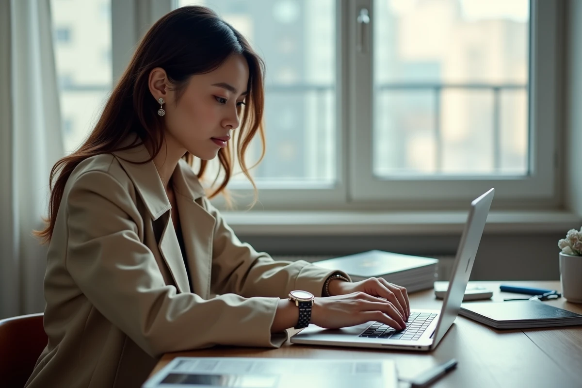Femme jeune recherchant des montres sur son ordinateur dans un appartement moderne