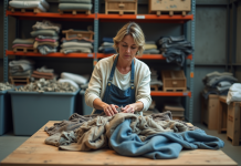 Textiles non recyclables : pourquoi et comment les gérer efficacement ? Femme triant des textiles usés dans un centre de recyclage