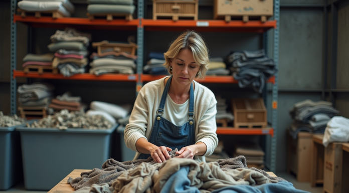 Femme triant des textiles usés dans un centre de recyclage