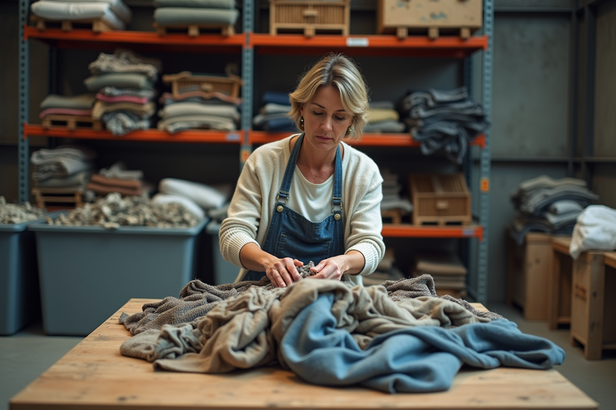 Femme triant des textiles usés dans un centre de recyclage