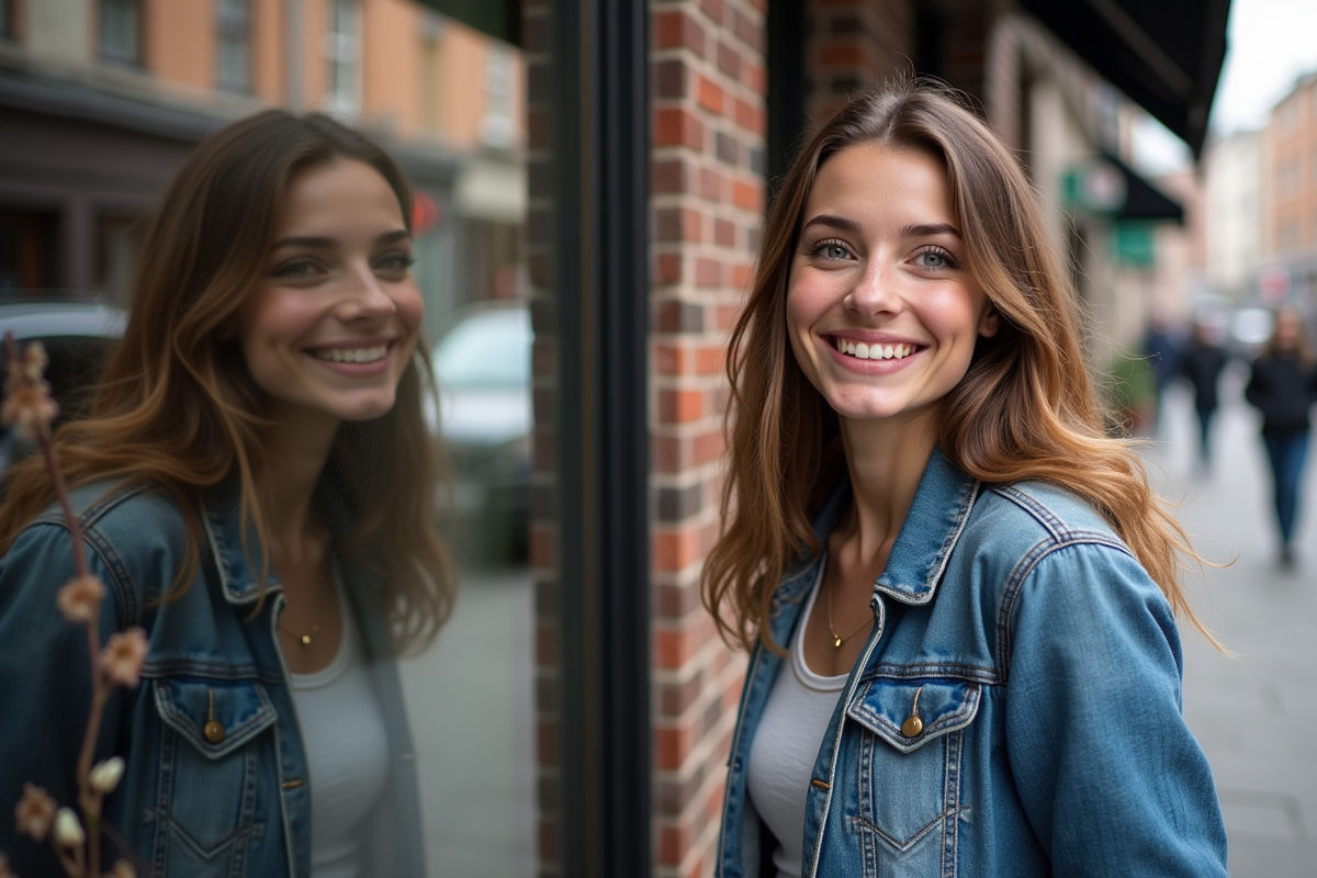 Jeune femme avec poils faciaux regardant sa reflection en ville
