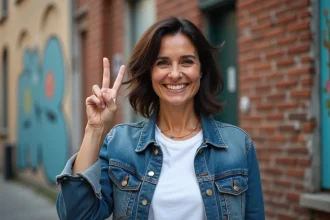 Femme souriante en denim dans un décor urbain
