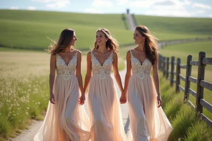 Trois femmes en robes pastel riant dans un champ ensoleille