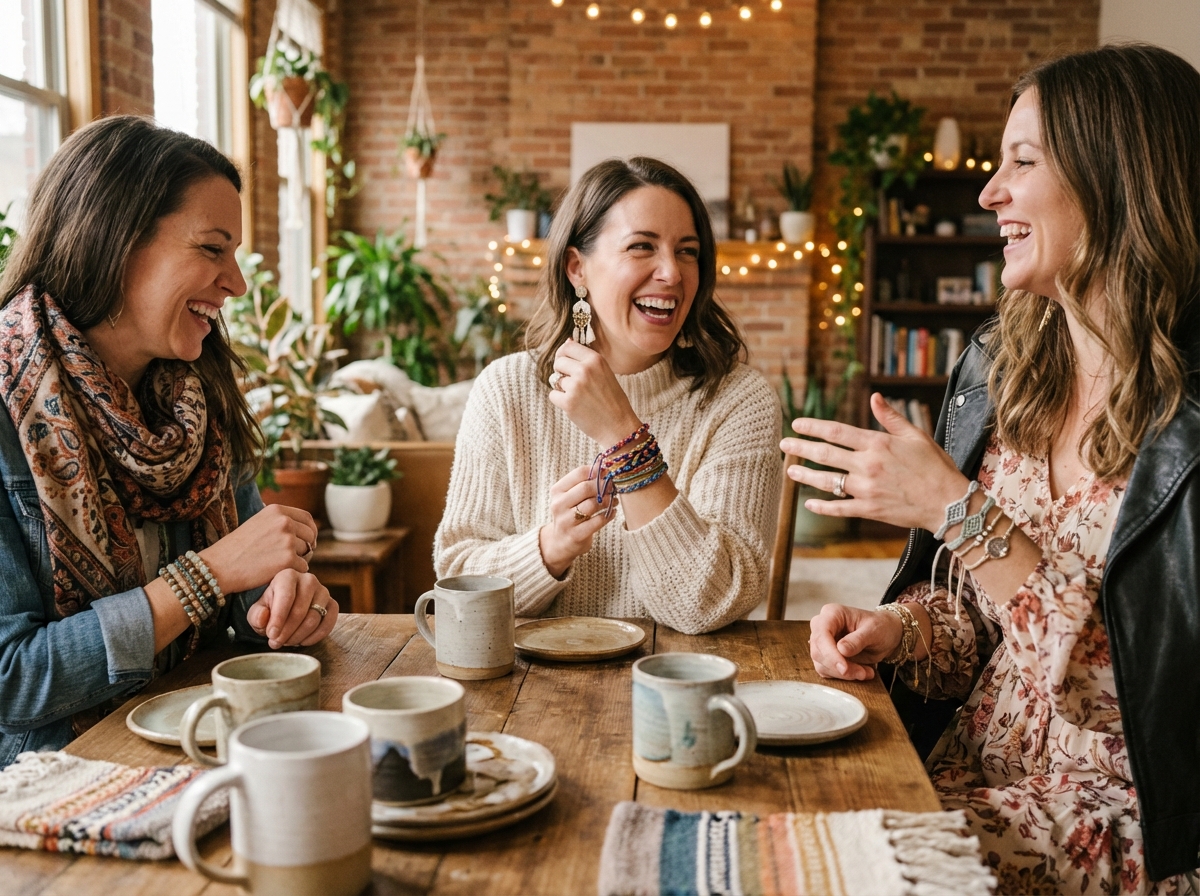 Trois femmes souriantes montrant leurs bracelets en cordon lors d