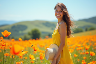 Jeune femme souriante dans un champ de fleurs sauvages