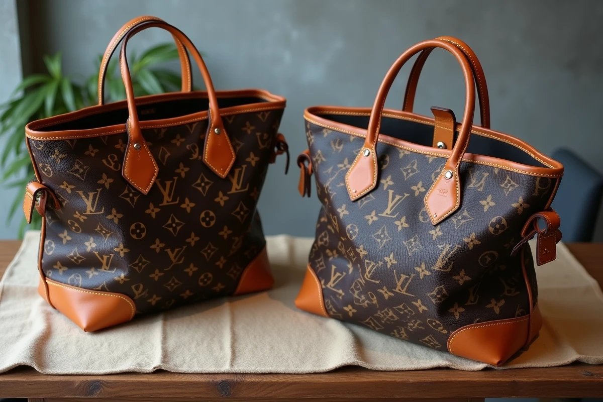 Comparaison à plat de deux sacs cabas monogramme Louis Vuitton pour identifier les signes d'authenticité