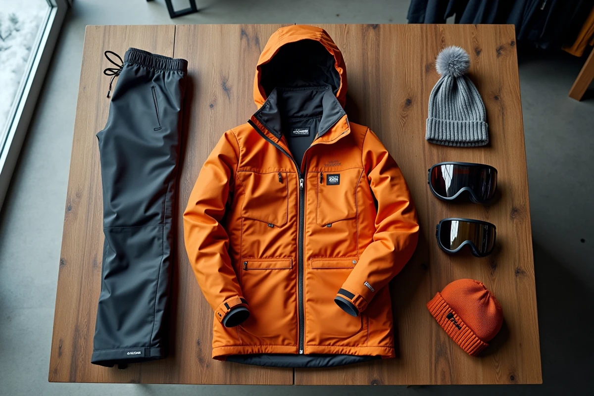 Flat lay de vêtements de ski haut de gamme sur une surface en chêne dans une boutique de montagne, incluant une veste technique, un pantalon de ski stretch, un bonnet en laine et des lunettes de ski photochromiques