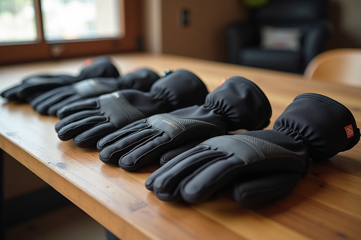 Gants d hiver techniques exposes sur une table en bois avec lumiere naturelle