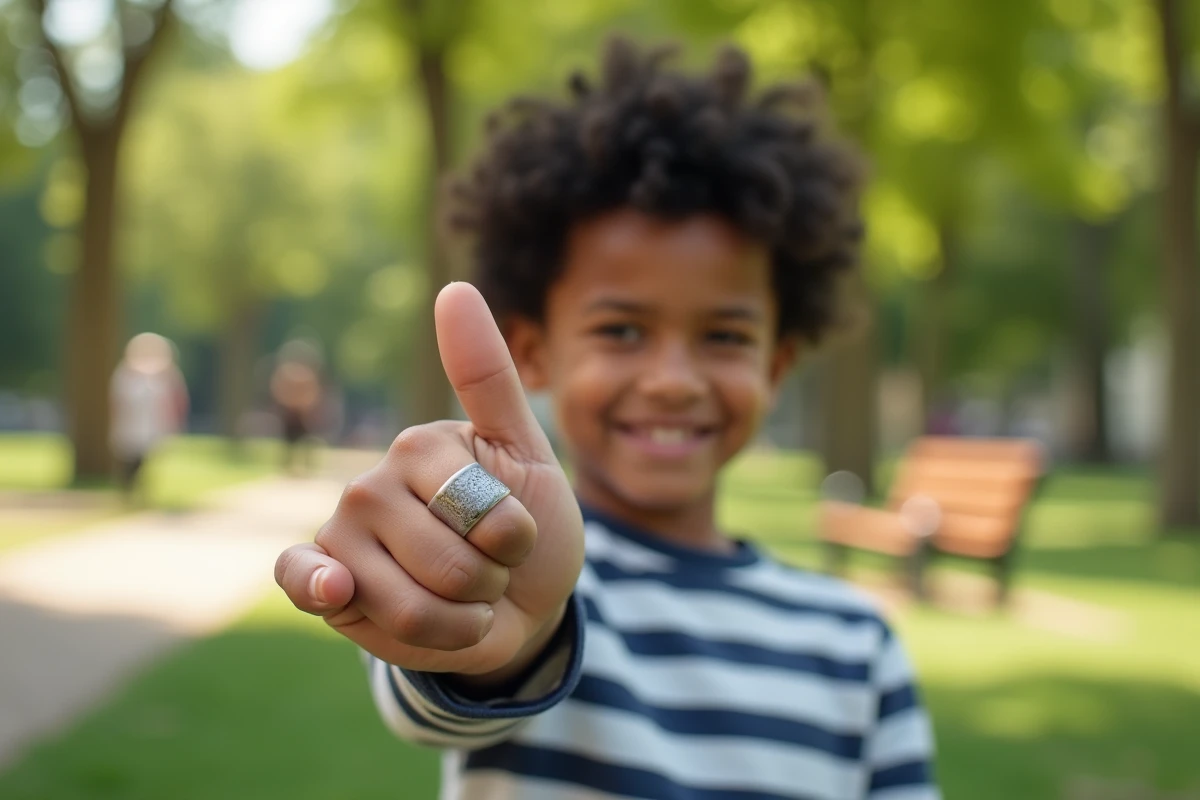 Garçon souriant montrant fièrement sa bague en acier inoxydable dans un parc en plein air
