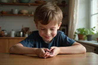 Jeune garçon tenant une bague argentée dans sa main et l'examinant avec curiosité à une table en bois