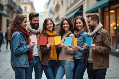 Groupe divers d'adultes avec échantillons de couleurs en ville