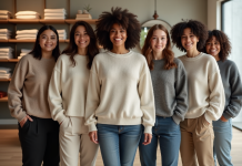 Groupe diversifié portant un pull oversize unisexe dans une boutique moderne