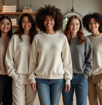 Taille unique: convient-elle à tous ? Comment choisir la bonne taille ! Groupe diversifié portant un pull oversize unisexe dans une boutique moderne
